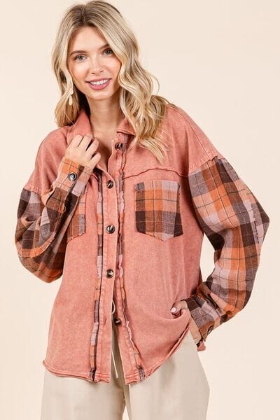 Mittoshop Button Down Contrast Plaid Patchwork Shacket - Sydney So Sweet