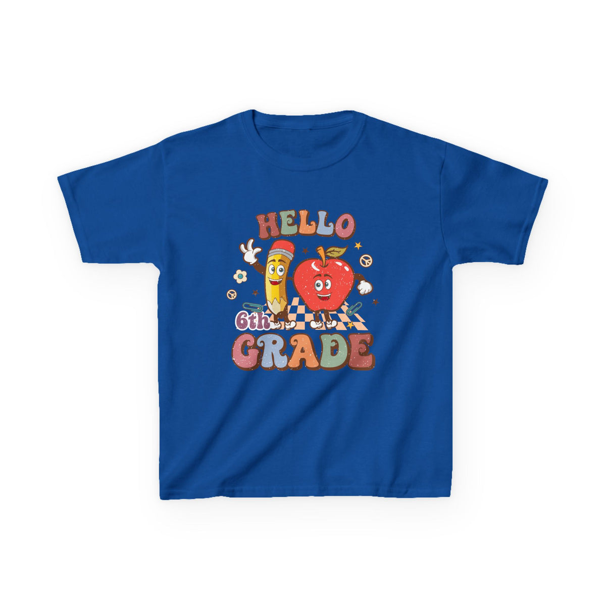 Hello 6th Grade Cute Apple & Pencil Graphic Tee Back-to-School Sixth Grade Kids T-Shirt
