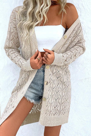 Openwork Button Down Long Sleeve Cardigan - Sydney So Sweet