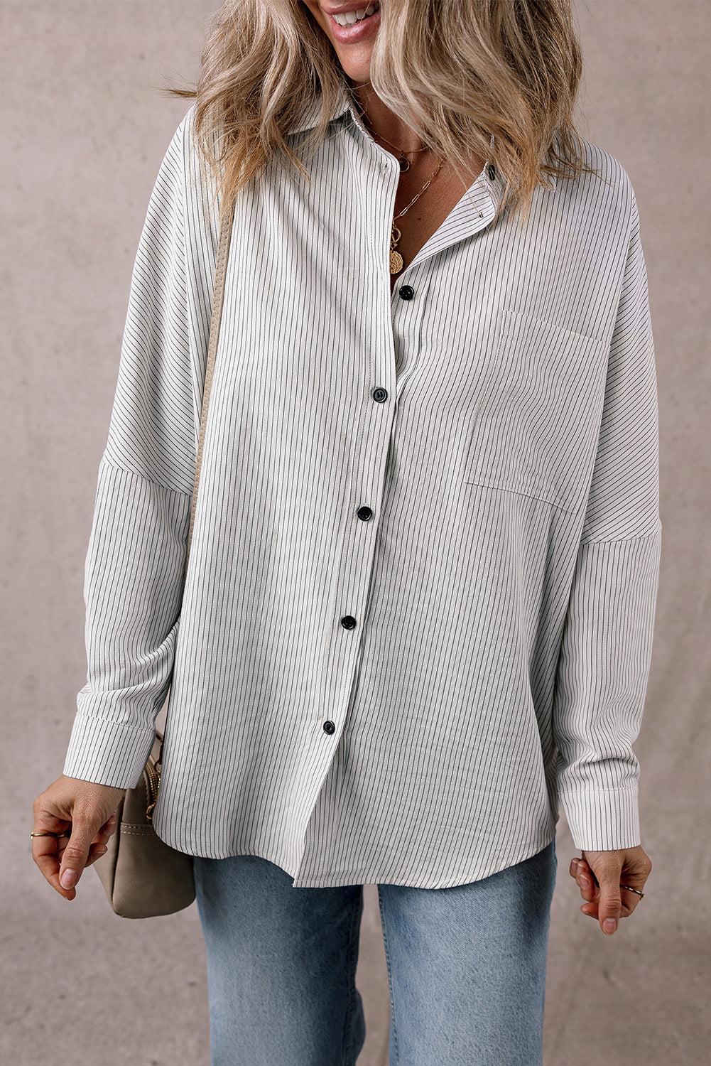 Pocketed Striped Collared Neck Long Sleeve Shirt - Sydney So Sweet