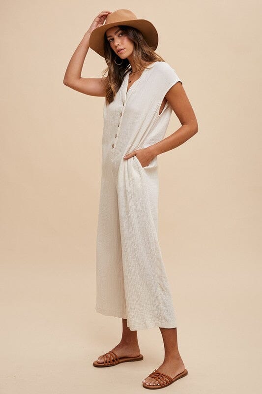 Annie Wear Button Detail Wide Leg Jumpsuit with Pockets - Sydney So Sweet