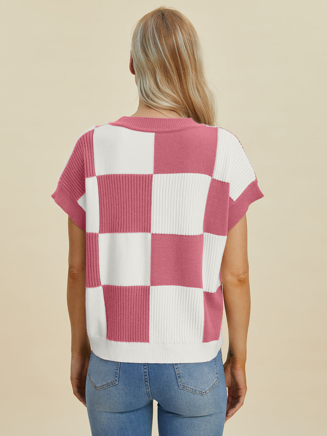 Double Take Full Size Checkered Round Neck Short Sleeve Sweater - Sydney So Sweet