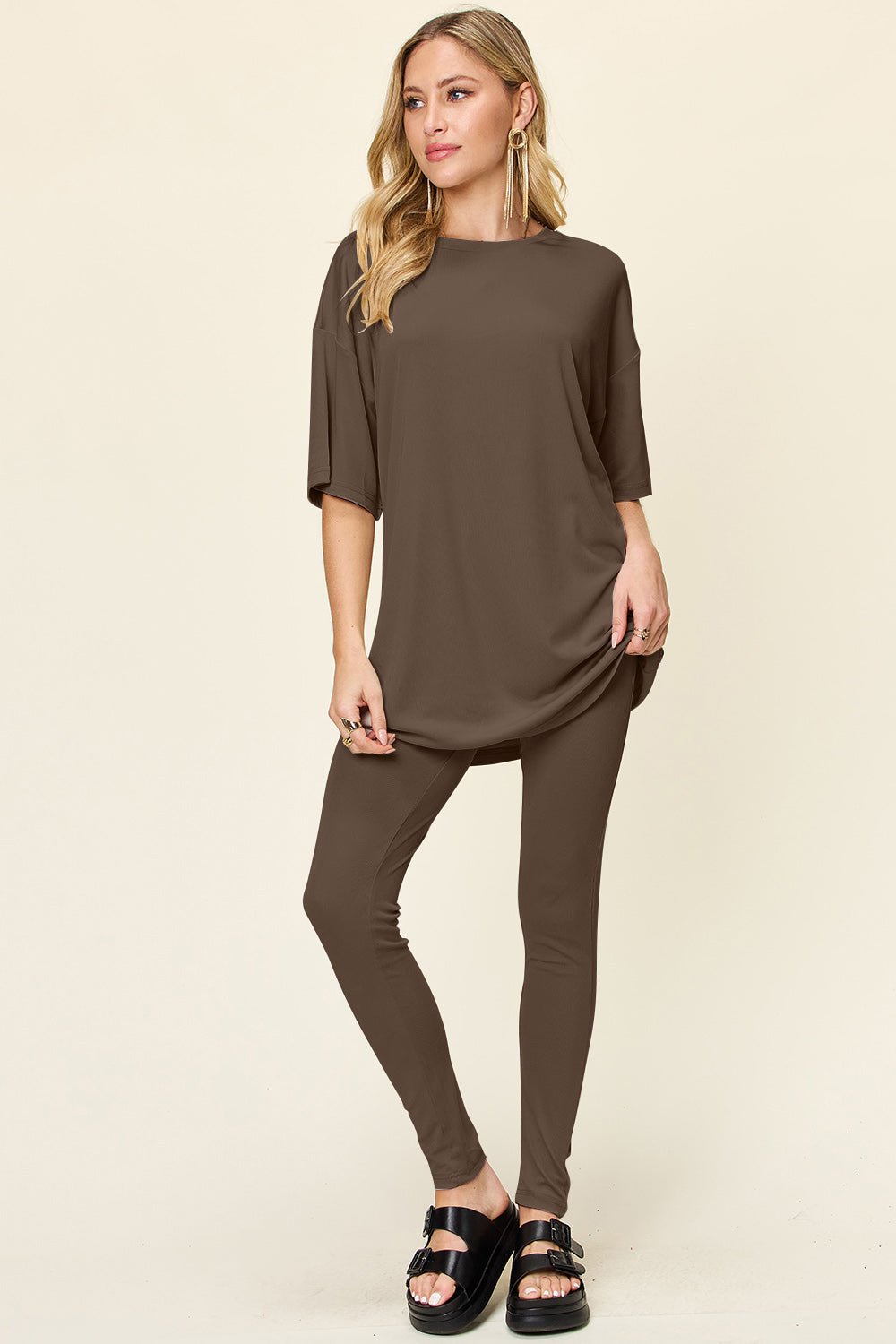 Double Take Full Size Round Neck Dropped Shoulder T-Shirt and Leggings Set - Sydney So Sweet