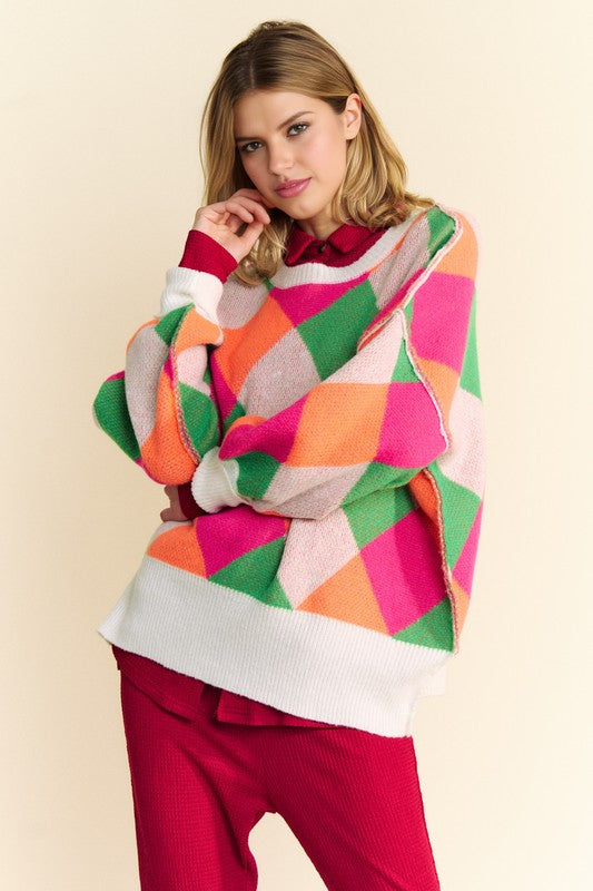 Davi & Dani Exposed Seam Color Block Dropped Shoulder Sweater - Sydney So Sweet