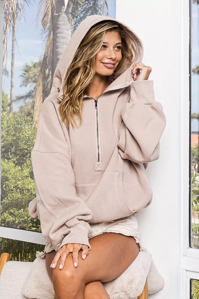 BiBi Stitch Detailed Elastic Hem Half Zip Fleece Hoodie - Sydney So Sweet