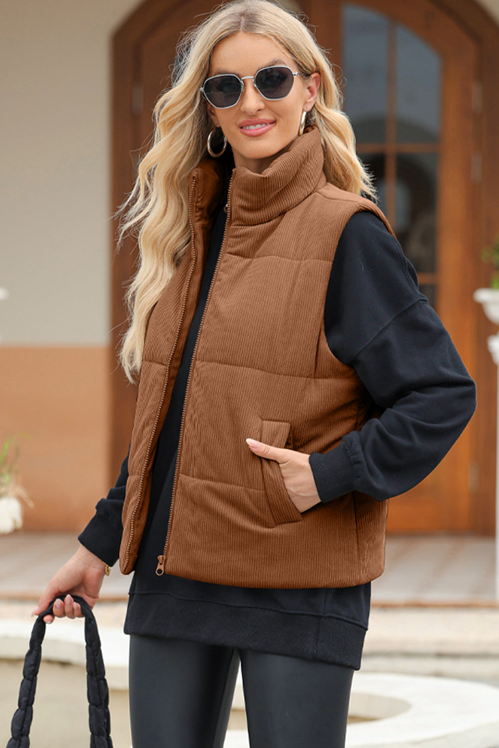 Pocketed Zip Up Turtleneck Vest Coat - Sydney So Sweet