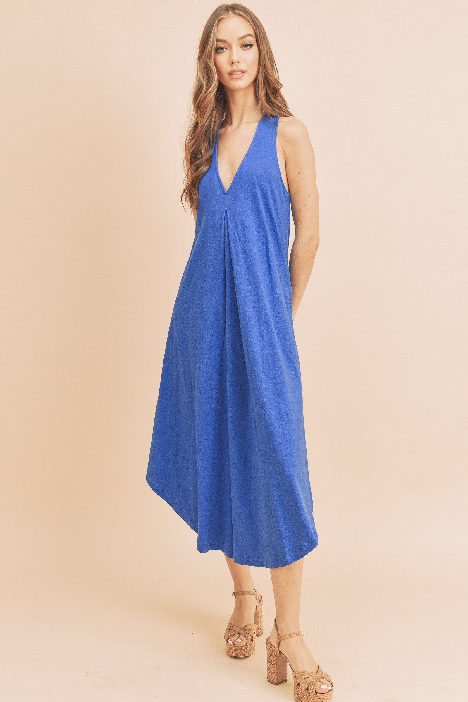 Aemi + Co Front Pleat Detail V-Neck Sleeveless Midi Dress - Sydney So Sweet