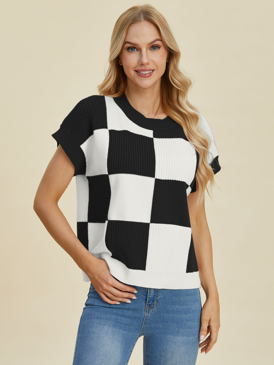 Double Take Full Size Checkered Round Neck Short Sleeve Sweater - Sydney So Sweet