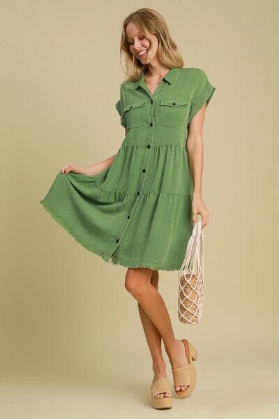 Umgee Full Size Frayed Hemline Button Down Shirt Dress Plus Size - Sydney So Sweet