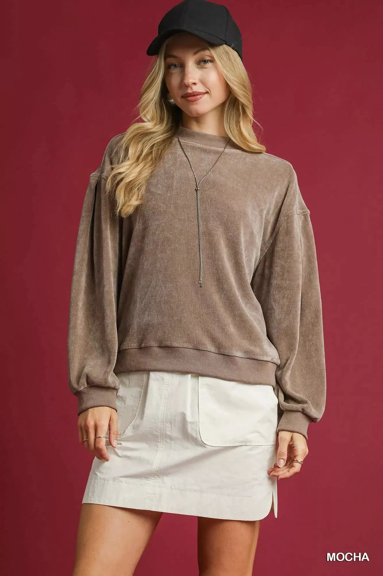 Umgee Velour Crewneck Balloon Sleeve Sweatshirt - Sydney So Sweet