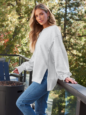 Slit Round Neck Long Sleeve Sweatshirt - Sydney So Sweet