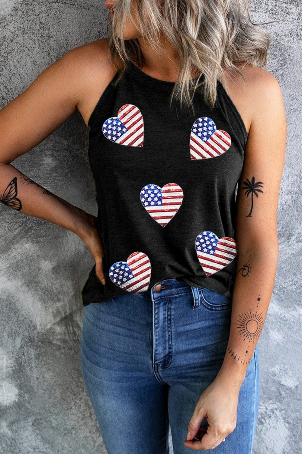 Heart US Flag Round Neck Grecian Neck Tank - Sydney So Sweet