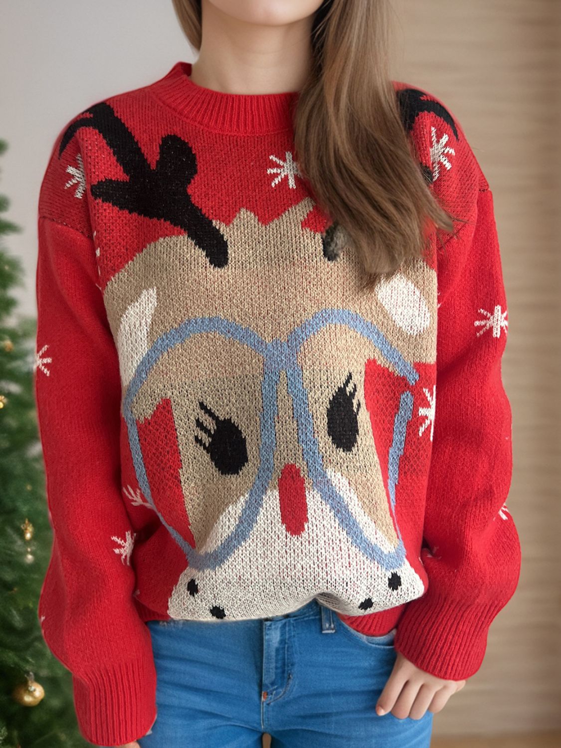 Reindeer Round Neck Dropped Shoulder Sweater - Sydney So Sweet