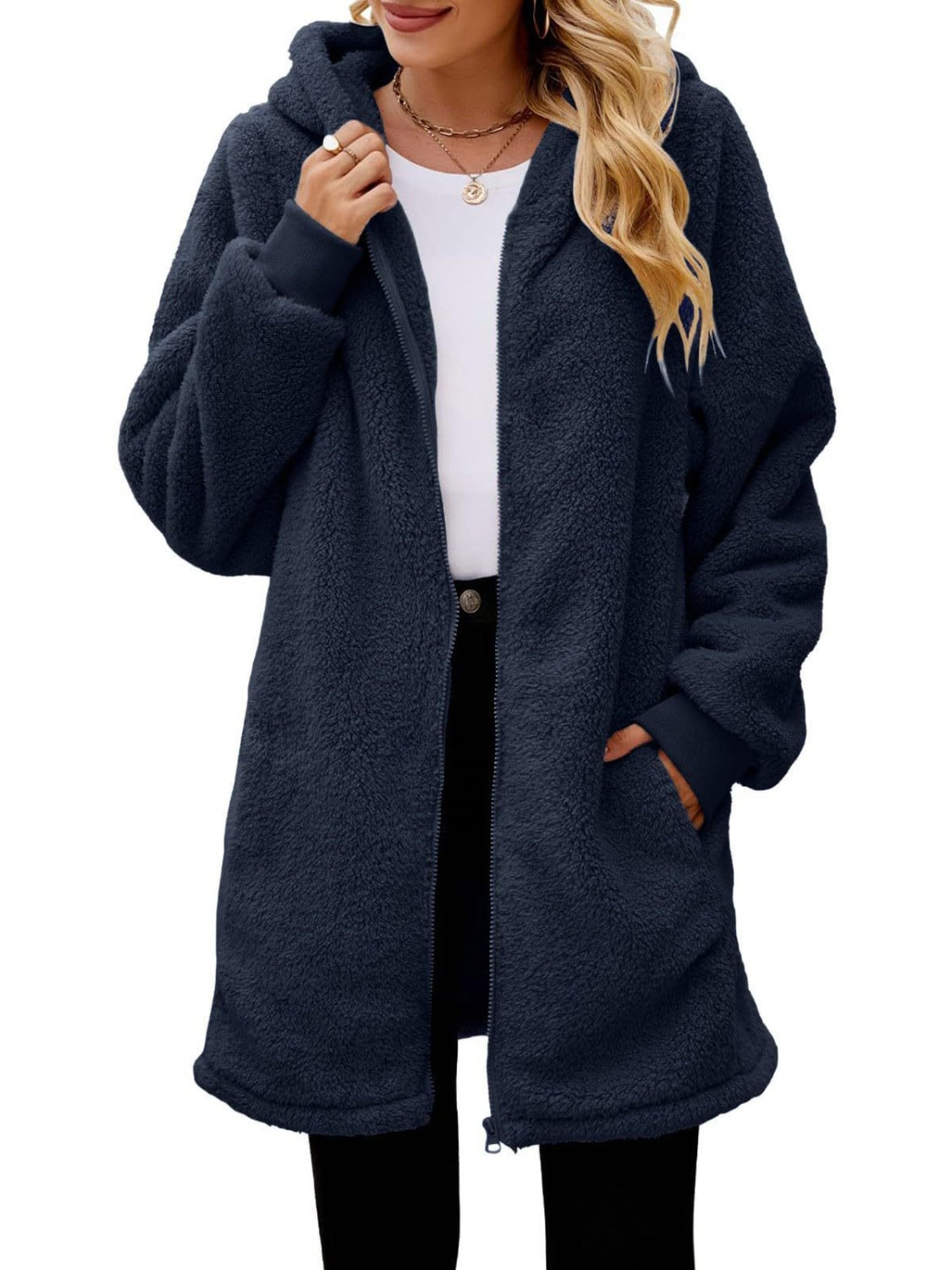 Fuzzy Pocketed Zip Up Long Sleeve Hooded Jacket - Sydney So Sweet