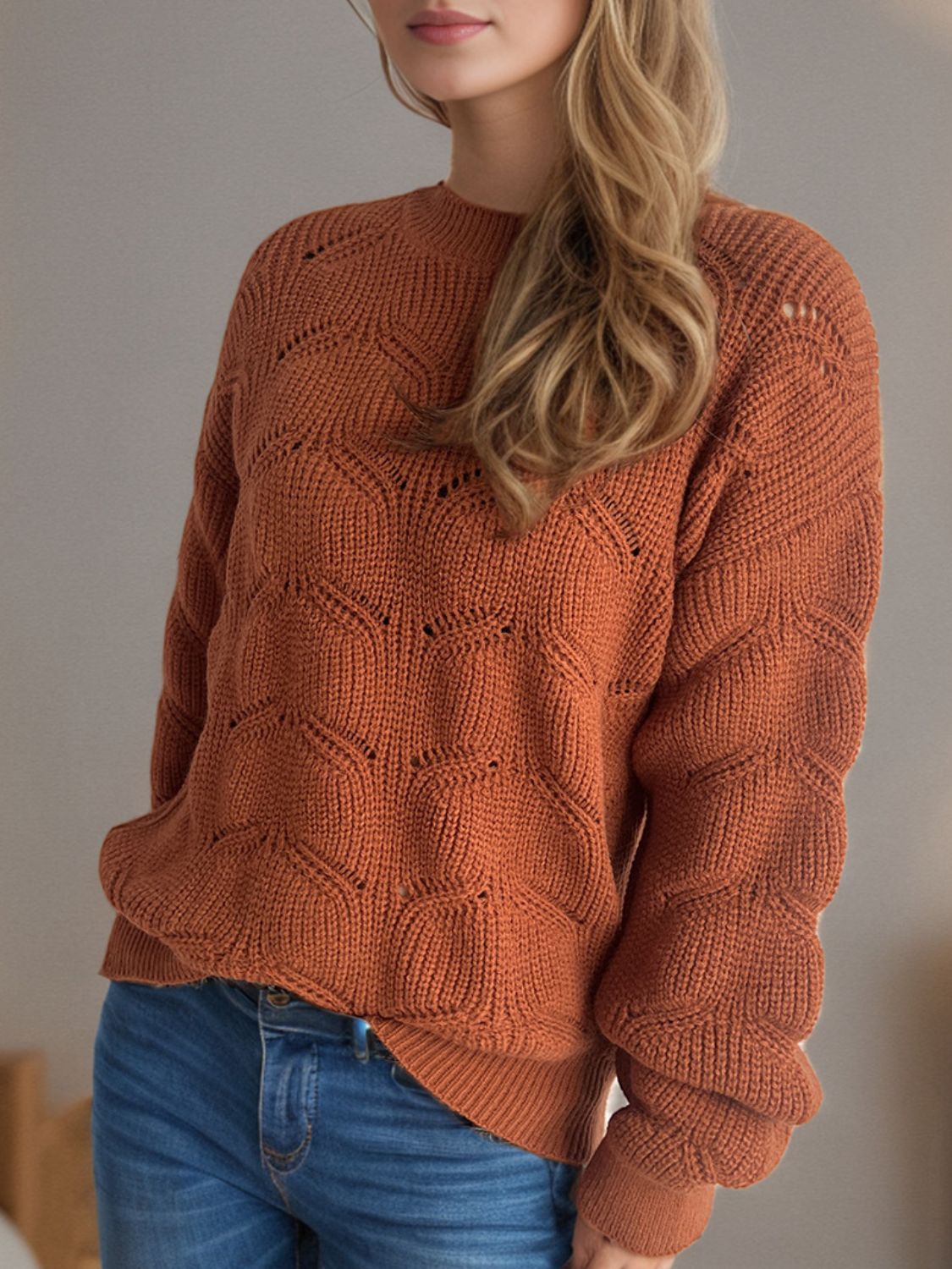 Openwork Round Neck Dropped Shoulder Sweater - Sydney So Sweet