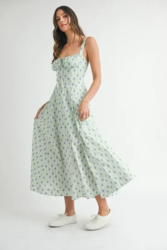 MABLE Floral Print Bustier Back Lace Up Midi Dress - Sydney So Sweet