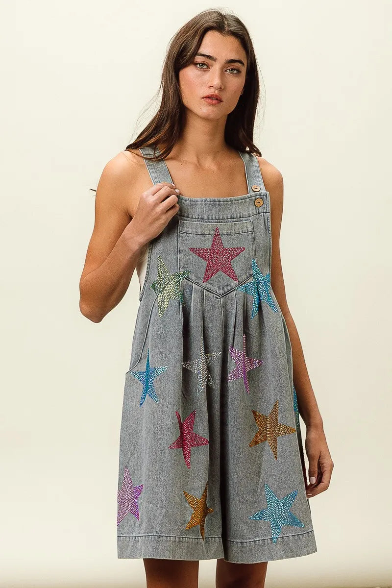 BiBi Star Rhinestone Washed Wide Leg Shortalls - Sydney So Sweet