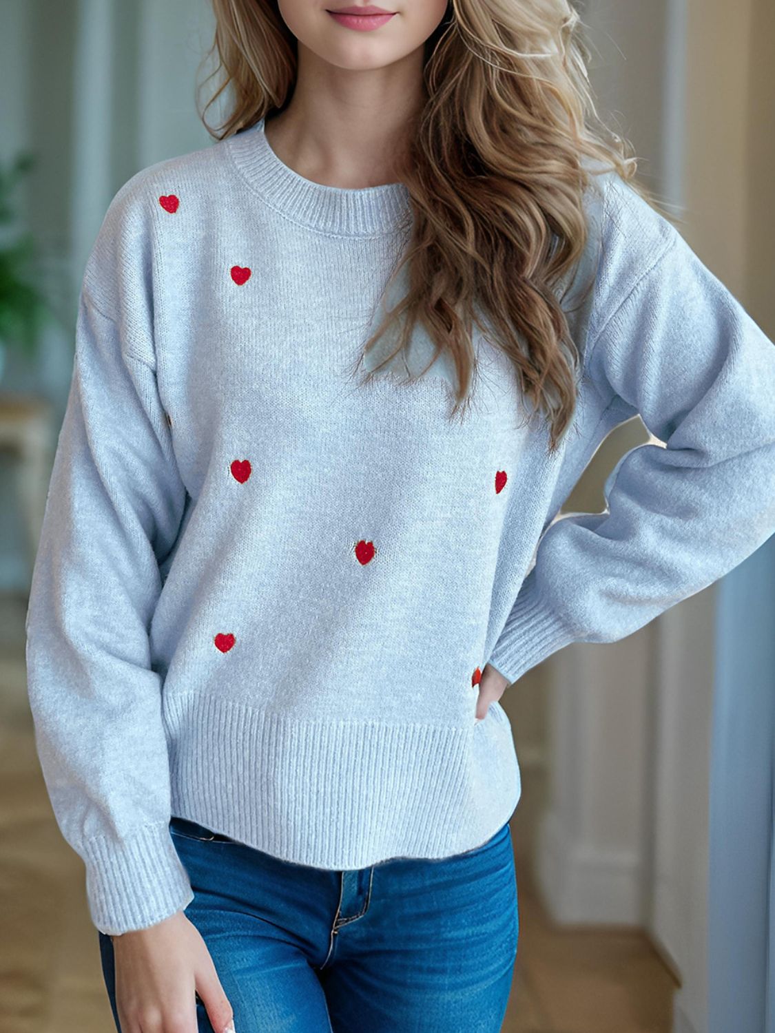 Heart Round Neck Long Sleeve Sweater - Sydney So Sweet