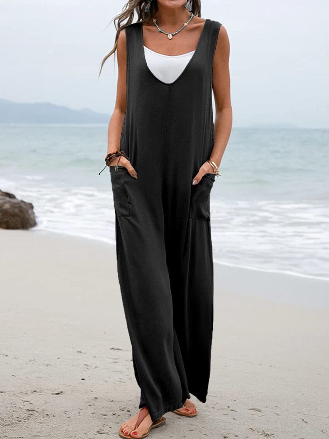 Full Size Wide Strap Jumpsuit with Pockets - Sydney So Sweet