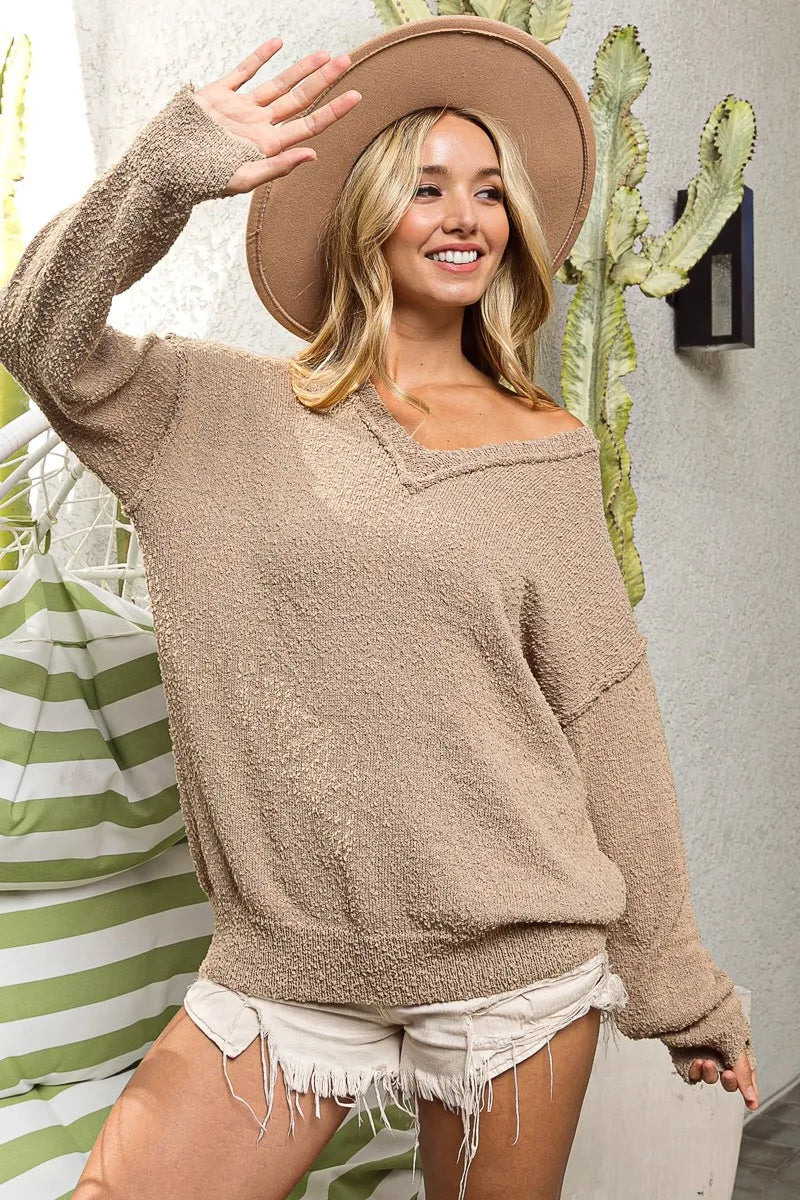 BiBi Raw Edged Popcorn Texture V-neck Sweater - Sydney So Sweet