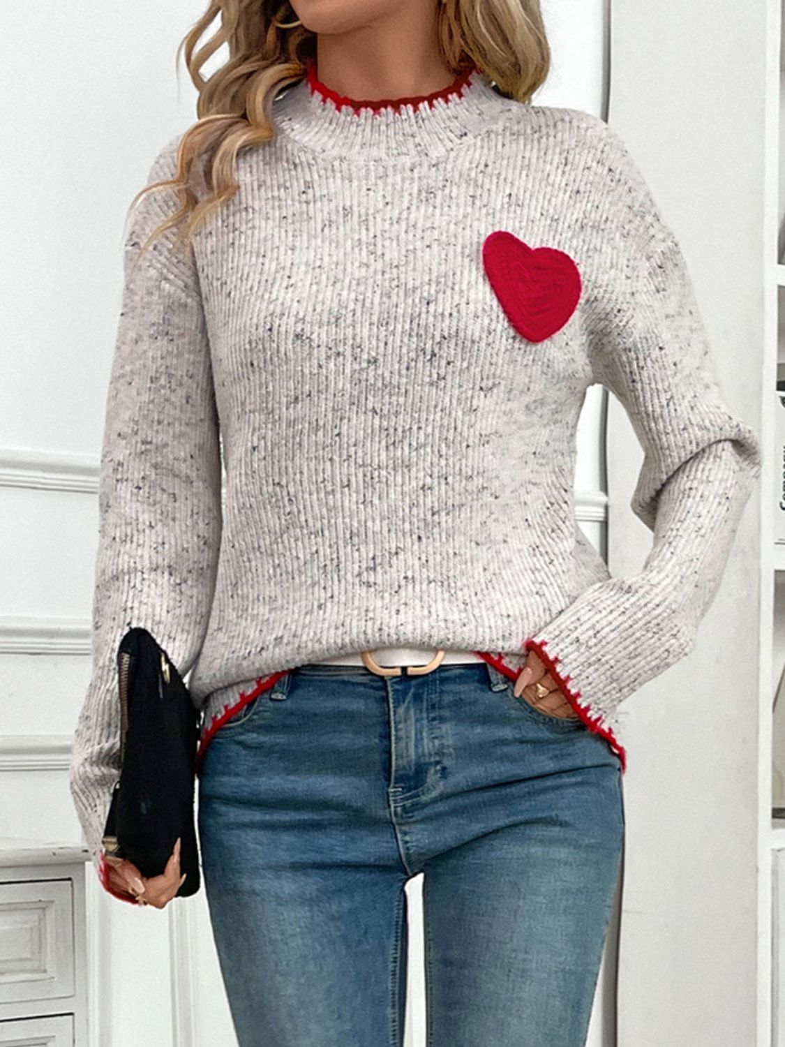 Perfee Contrast Heart Round Neck Long Sleeve Sweater - Sydney So Sweet