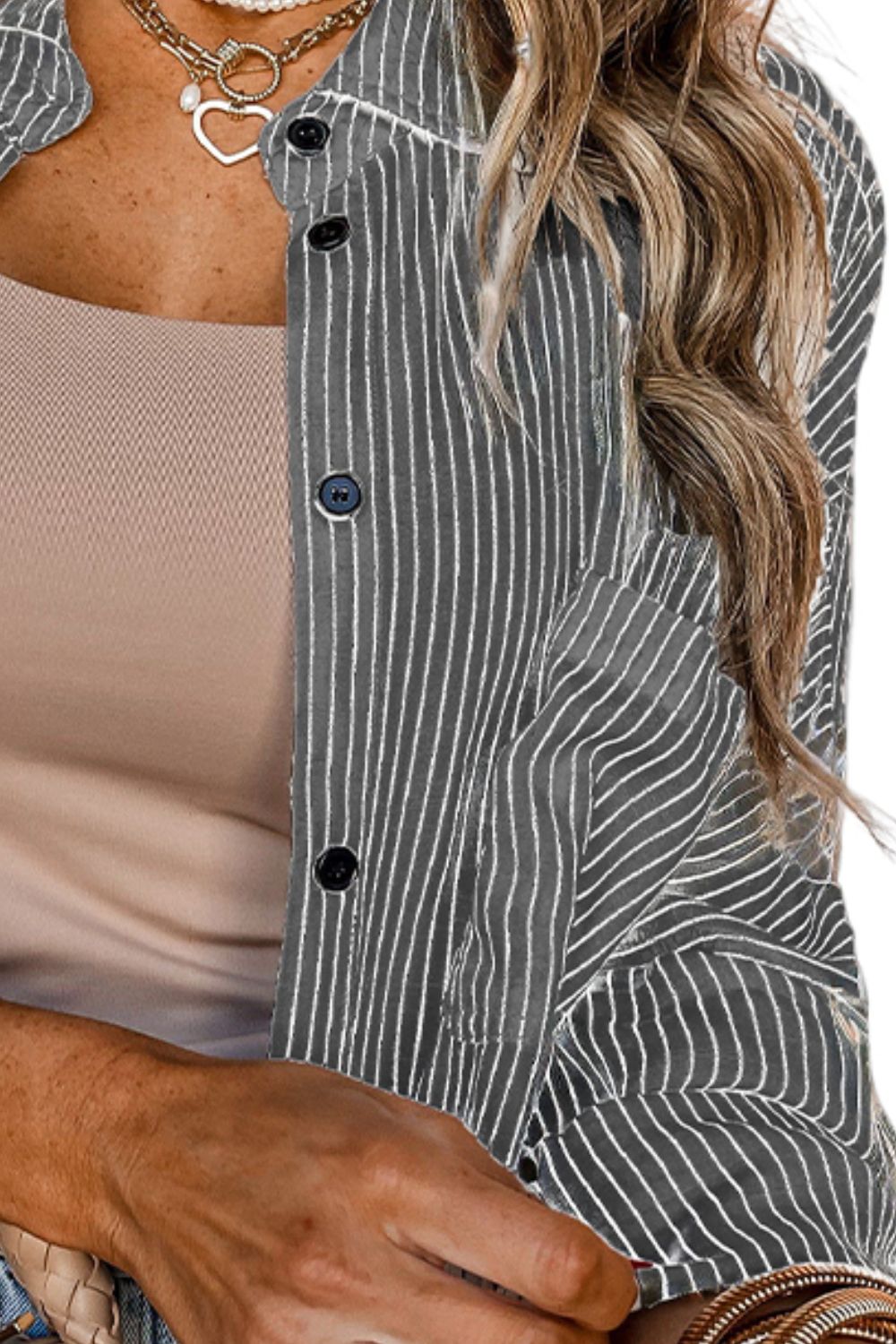 Pocketed Striped Collared Neck Long Sleeve Shirt - Sydney So Sweet