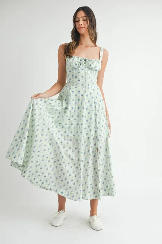MABLE Floral Print Bustier Back Lace Up Midi Dress - Sydney So Sweet