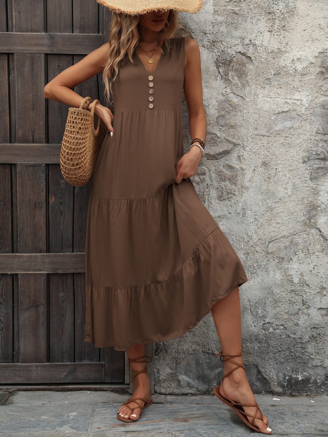 Decorative Button Notched Sleeveless Dress - Sydney So Sweet