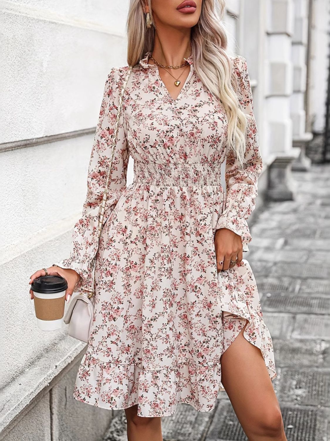 Ruffle Hem Floral Surplice Long Sleeve Dress - Sydney So Sweet