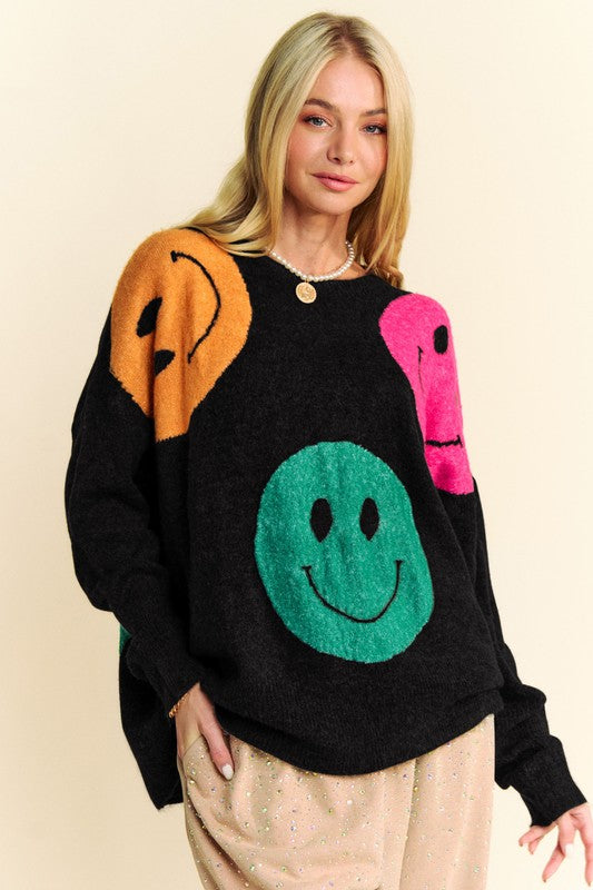 Davi &amp; Dani Contrast Smile Round Neck Oversize Sweater - Sydney So Sweet