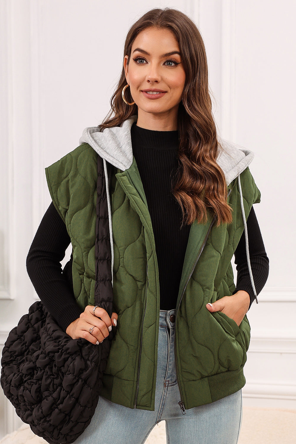 Drawstring Zip Up Hooded Vest Coat - Sydney So Sweet