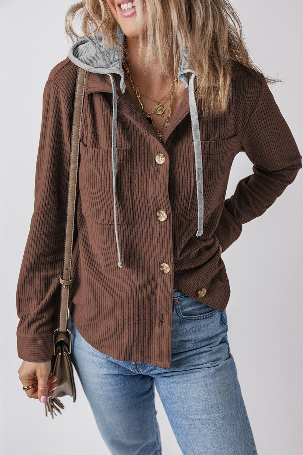 Drawstring Button Up Long Sleeve Hooded Jacket - Sydney So Sweet