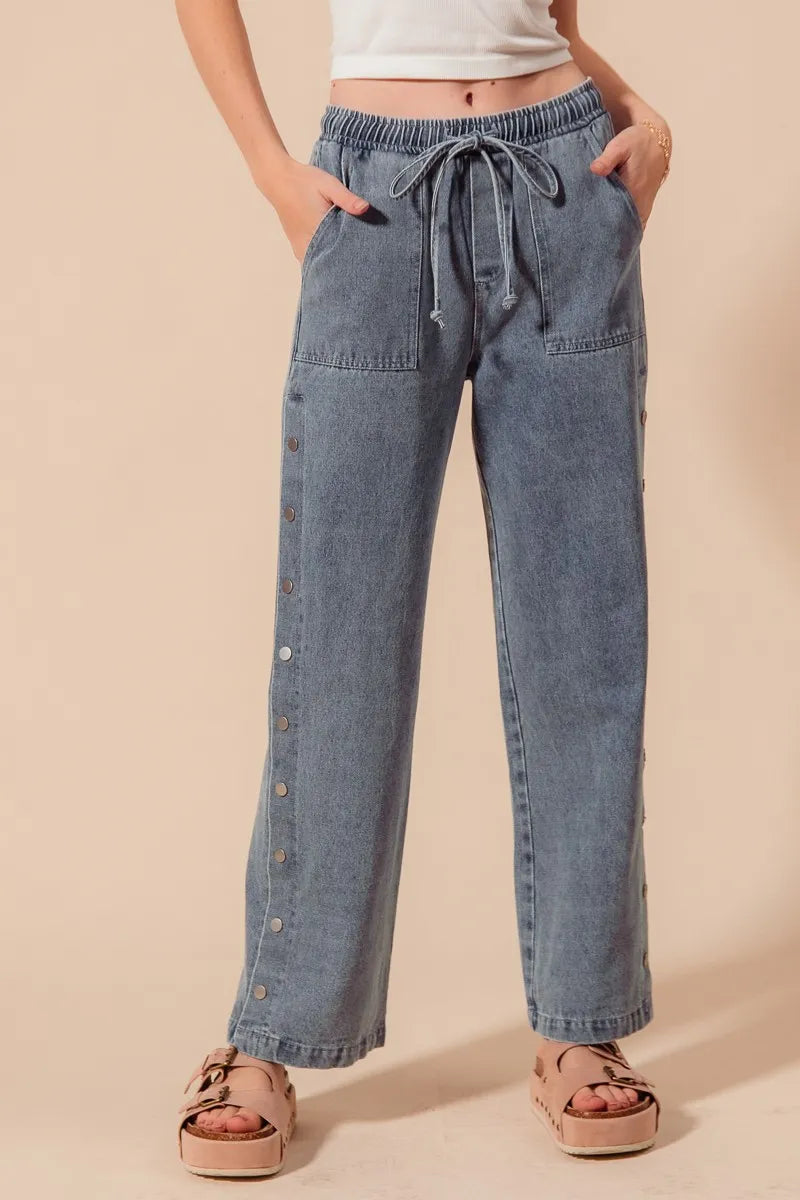 SO ME Mid Rise Drawstring Jeans with Side Snap Button - Sydney So Sweet