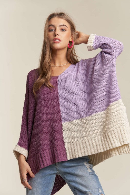 ADORA Side Slit Color Block Long Sleeve Sweater - Sydney So Sweet