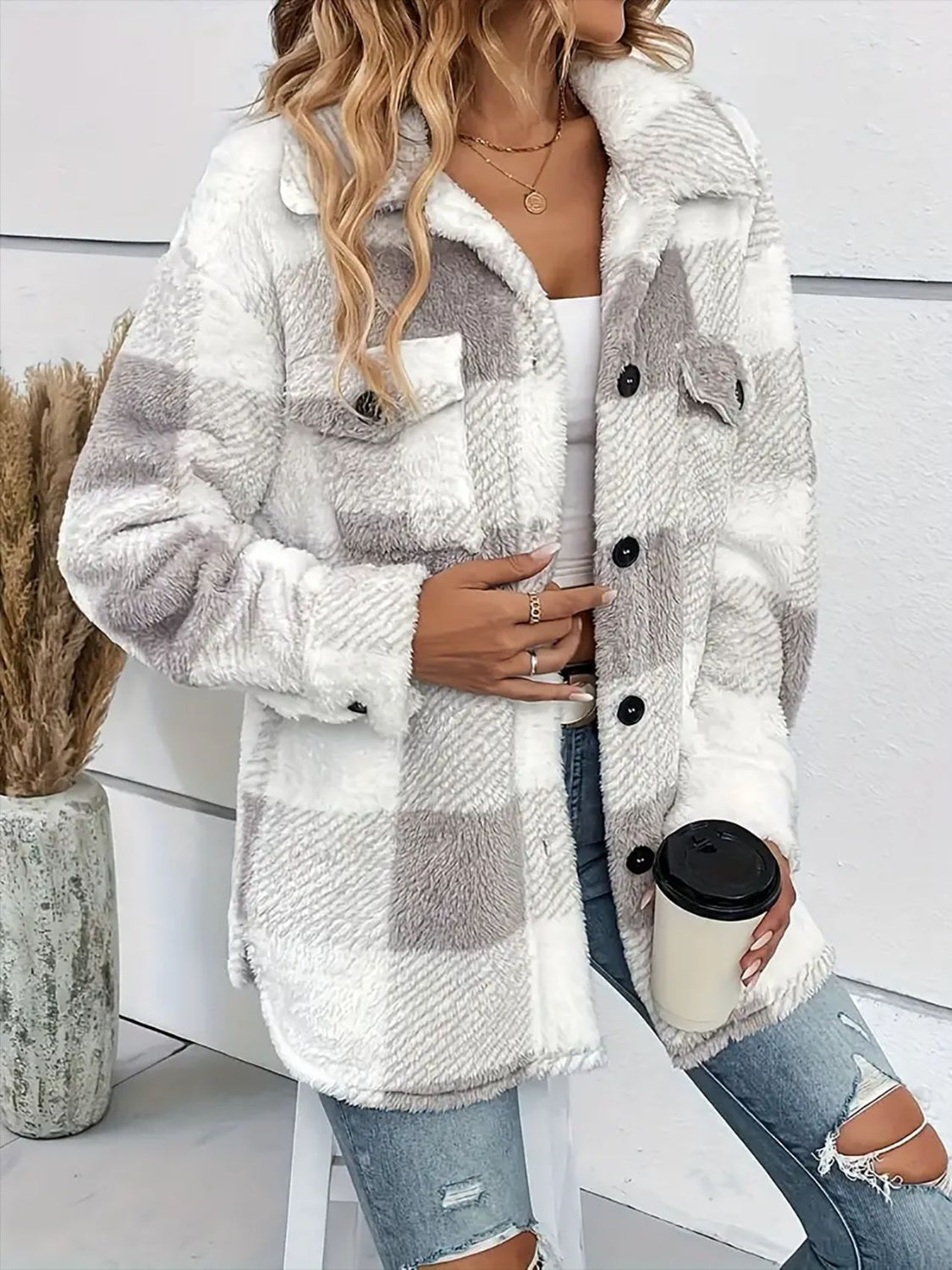 Plaid Dropped Shoulder Long Sleeve Plush Coat - Sydney So Sweet