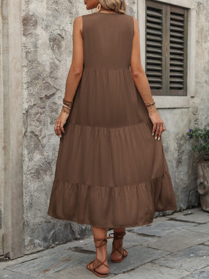 Decorative Button Notched Sleeveless Dress - Sydney So Sweet