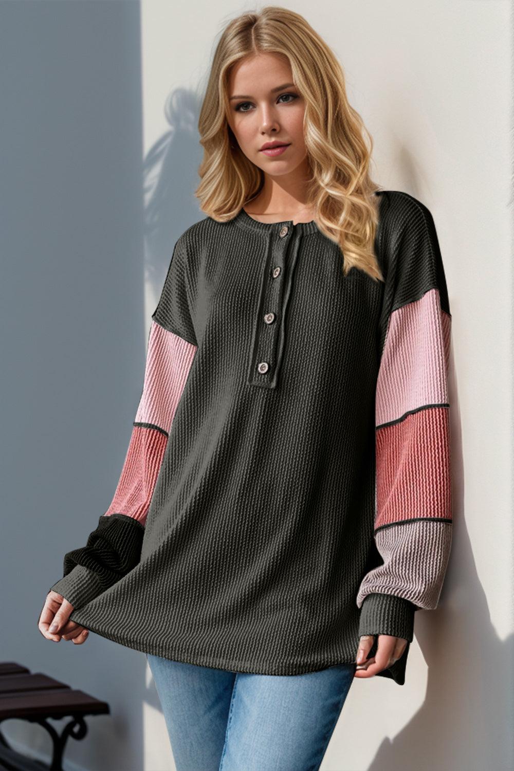 Double Take Full Size Color Block Round Neck Long Sleeve T-Shirt - Sydney So Sweet