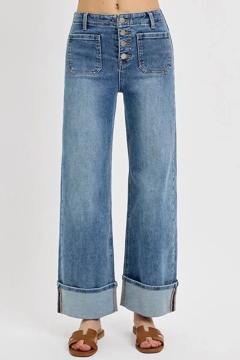 RISEN High Rise Ankle Wide Button Patch Pocket Cuffed Jeans - Sydney So Sweet