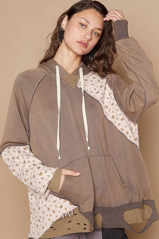 POL Floral Patchwork Distressed Drawstring Hoodie - Sydney So Sweet