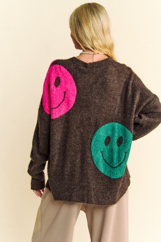 Davi & Dani Contrast Smile Round Neck Oversize Sweater - Sydney So Sweet