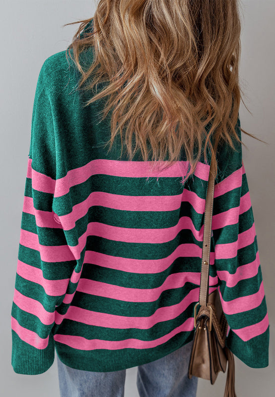 Contrast Striped Quarter Zip Long Sleeve Sweater - Sydney So Sweet