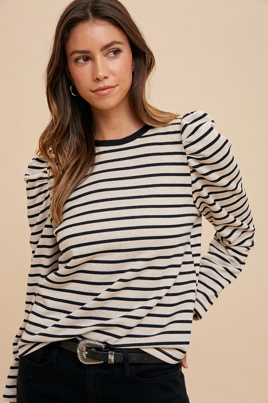 Annie Wear Striped Round Neck Puff Sleeve French Terry Top - Sydney So Sweet