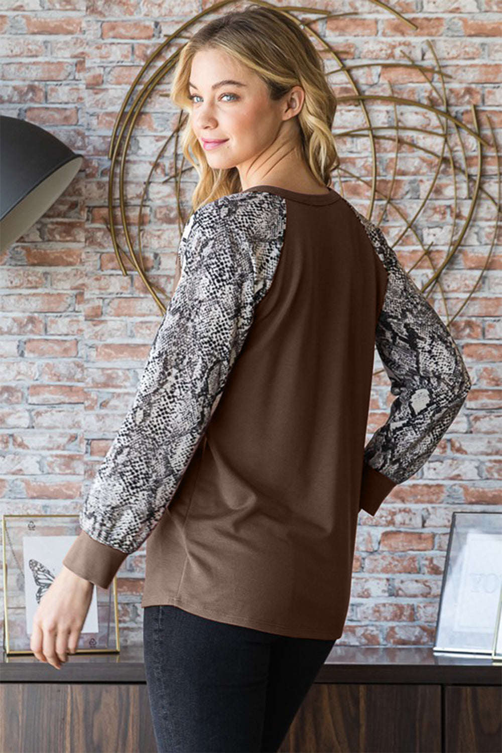 Heimish Full Size Snakeskin Print Raglan Sleeve Half Button Top - Sydney So Sweet