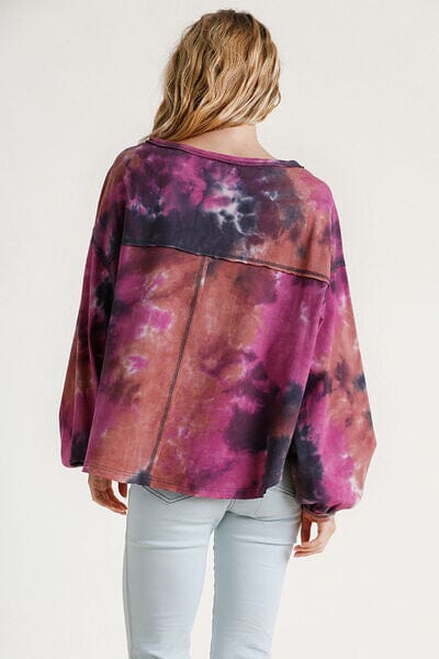 Umgee Full Size Tie Dye Round Neck Long Balloon Sleeve Top Plus Size - Sydney So Sweet