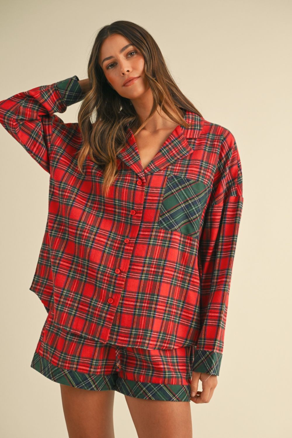 Annie Wear Contrast Plaid Long Sleeve Top and Shorts Set - Sydney So Sweet