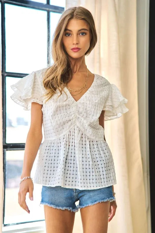 Davi & Dani Shirring V-Neck Ruffle Gingham Plaid Printed Top - Sydney So Sweet