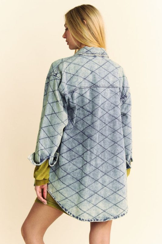 Davi & Dani Curved Hem Diamond Quilted Button Up Denim Shacket - Sydney So Sweet