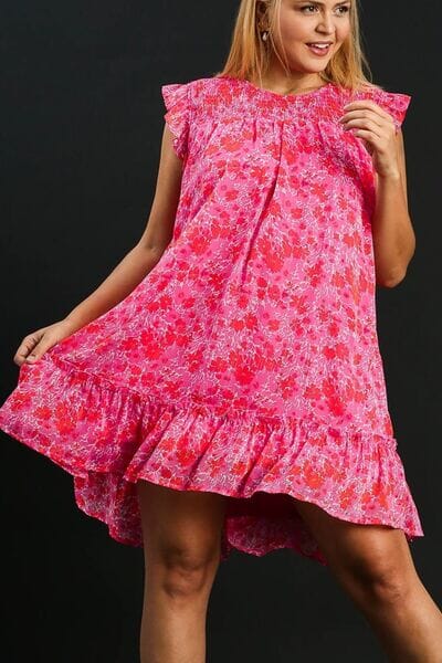 Umgee Full Size Smocked Detail Floral Metallic Ruffle Cap Sleeve Dress Plus Size - Sydney So Sweet