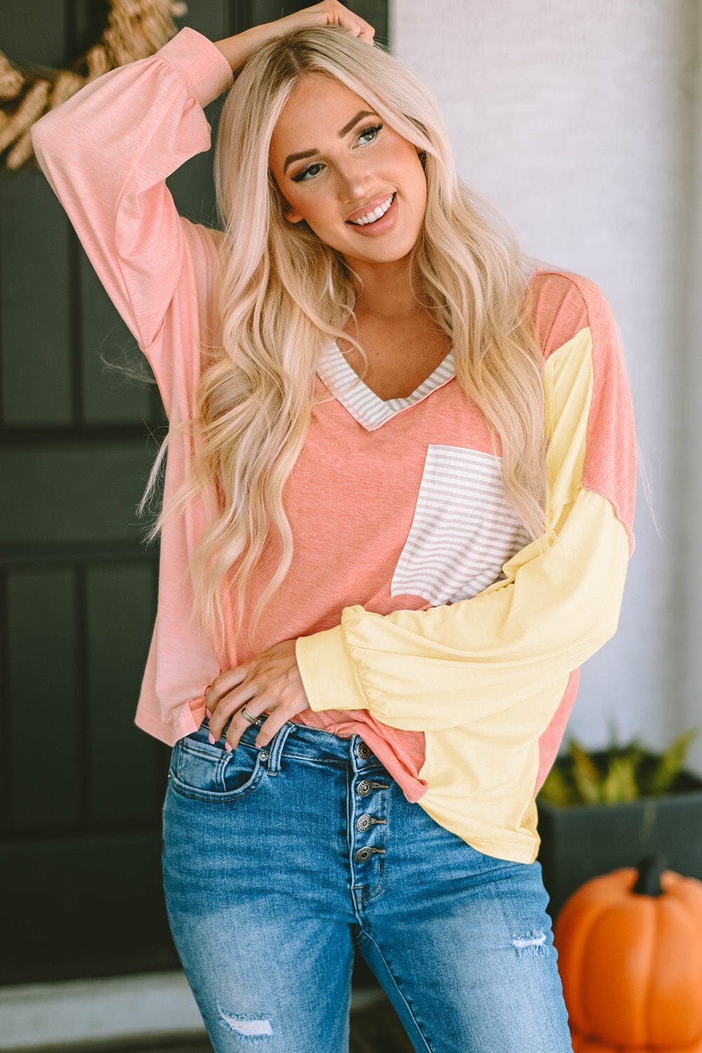 Color Block V-Neck Dropped Shoulder Sweatshirt with Pocket - Sydney So Sweet