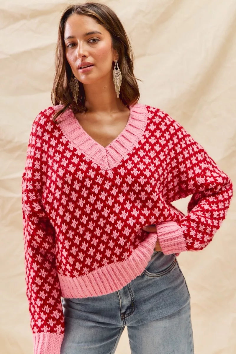 SO ME Color Block Textured Christmas Sweater V Neck Top - Sydney So Sweet